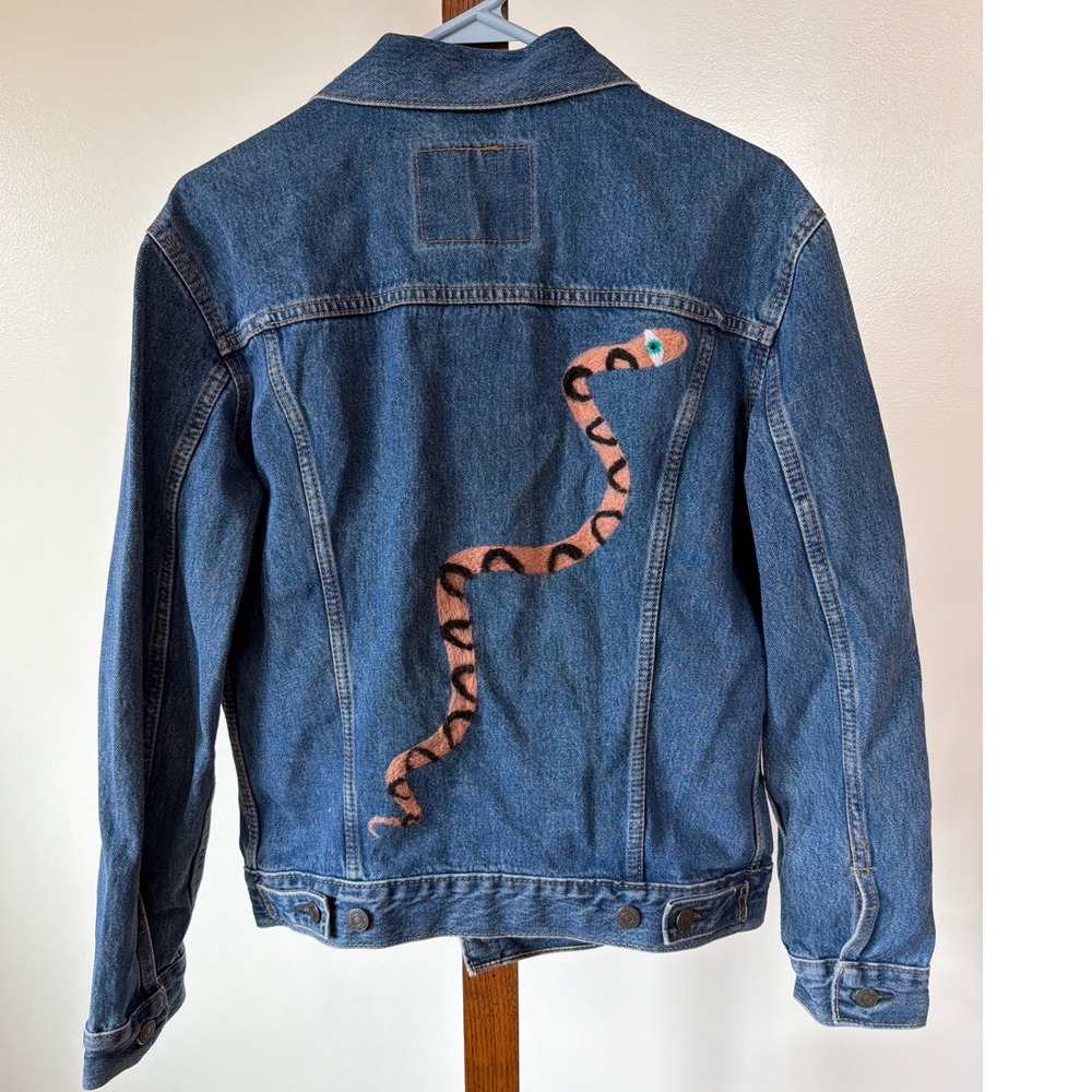 Levi Strauss & Co Custom Needle Felted Snake Evil Eye Denim Art Trucker Jacket S
